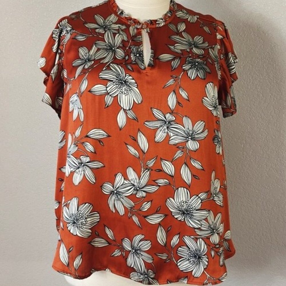 Philosophy 2X Satin Blouse Flutter Short Sleeves Floral Keyhole Neckline